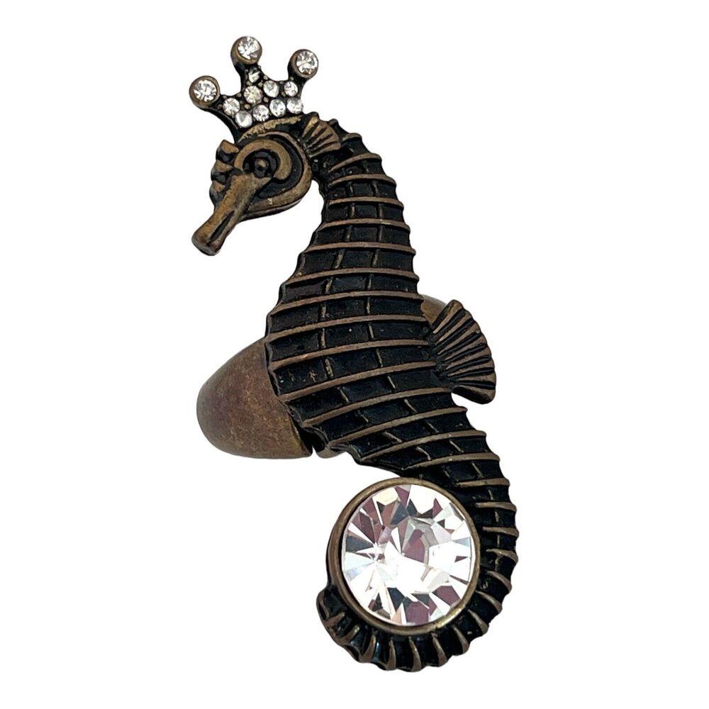 Seahorse Stretch Ring Antique Bronze Tone Clear Crystal Accents - 5W